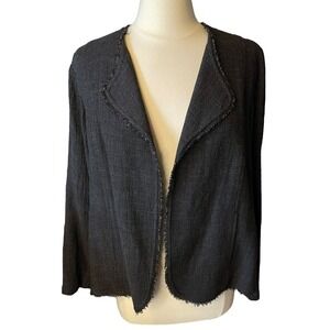 Eileen Fisher Black Linen Blazer Jacket Medium Fringe Detail Coastal Open Front